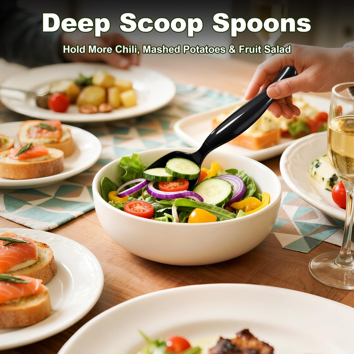 Sinoome buffet party setup with black utensils for cohesive tabletop look.