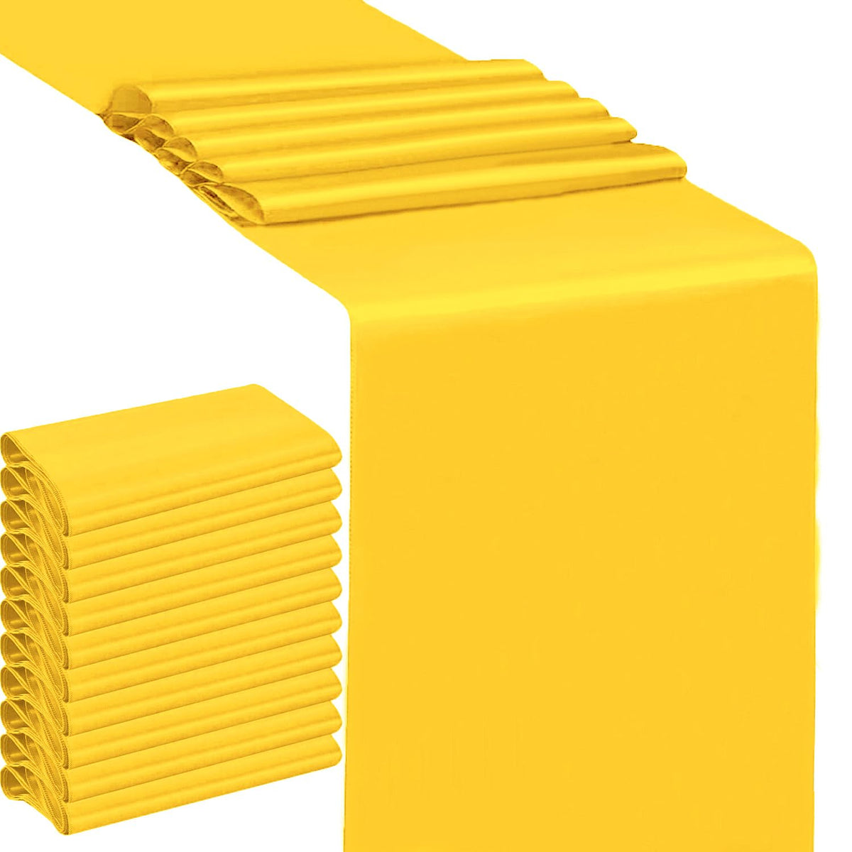 SINSSOWL yellow satin table runner on a banquet setup adds elegant ambiance