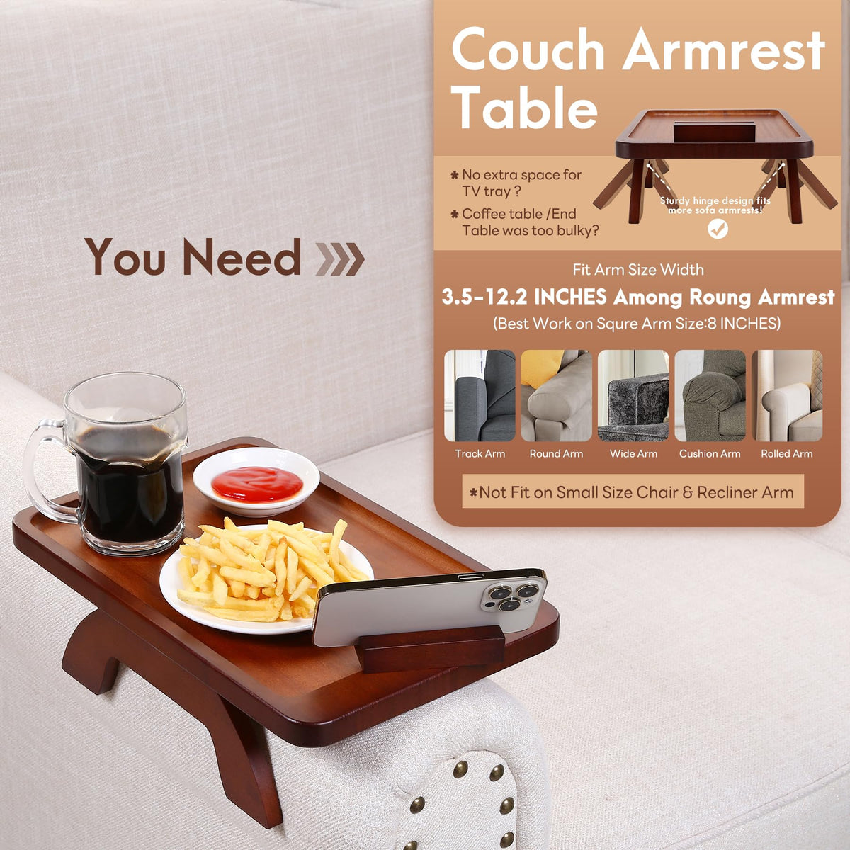 SINWANT arm tray ready for couch dining, keeping snacks close.