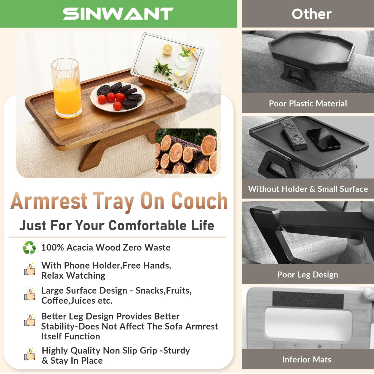 SINWANT Armrest Table on sofa provides a convenient surface while lounging.