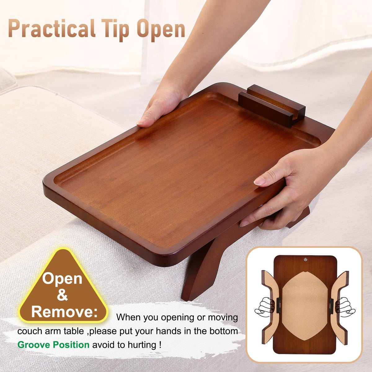 SINWANT bamboo arm table blends with decor while offering practical use.