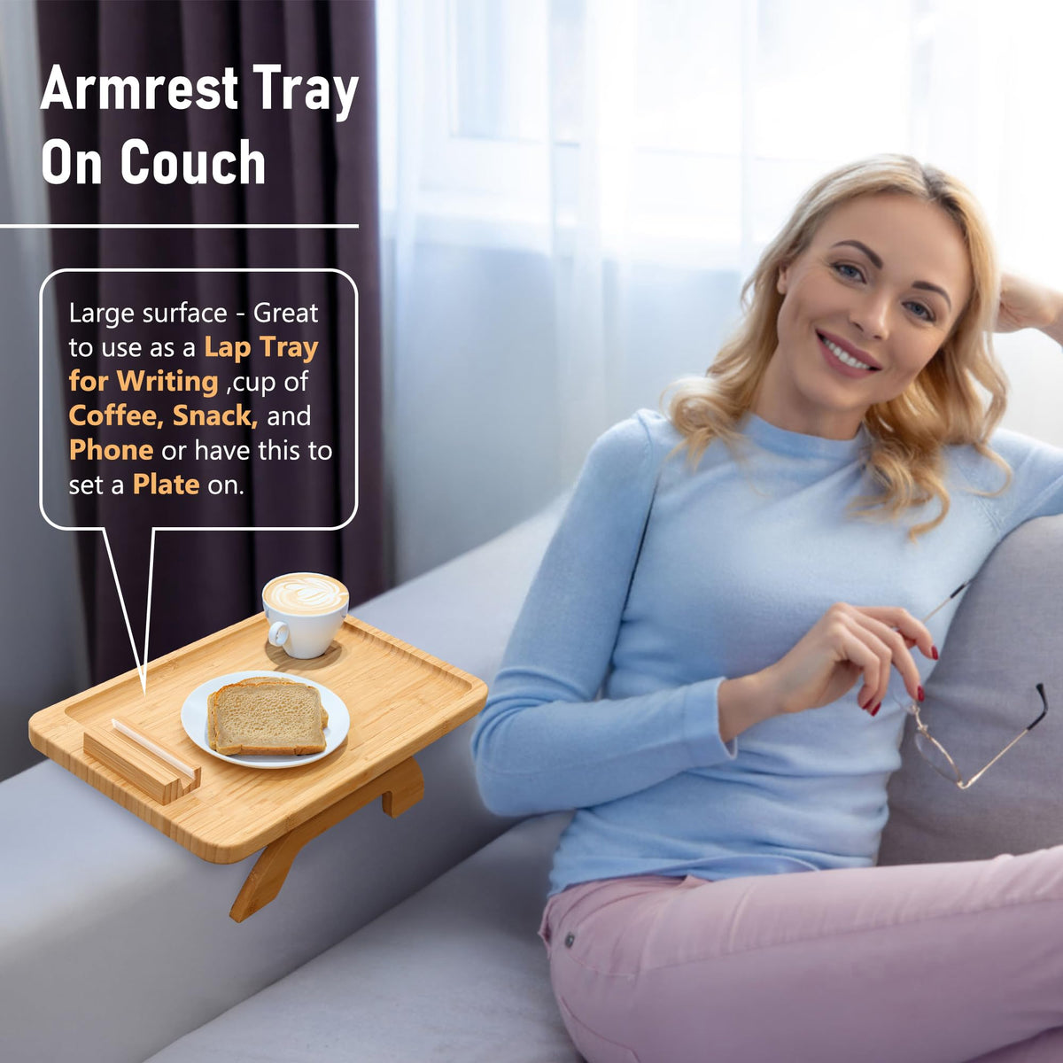 SINWANT bamboo arm table enhances sofa decor while supporting snacks.