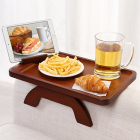 SINWANT bamboo arm tray clipped onto a sofa arm for drinks within reach.