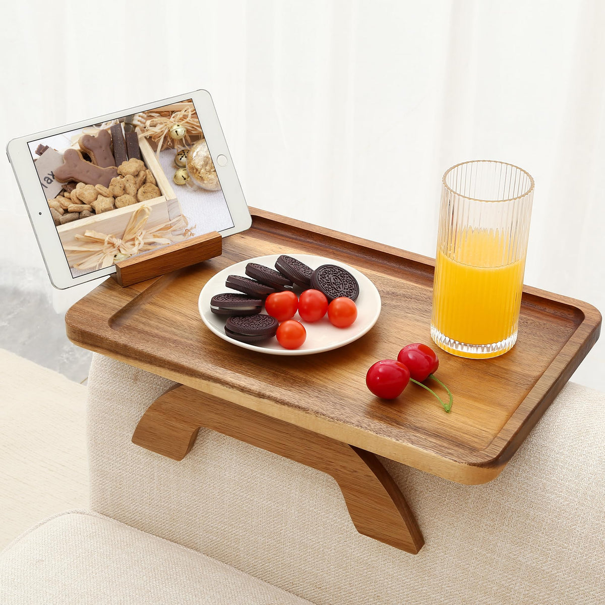 SINWANT Couch Arm Table in acacia wood adds a natural surface for drinks on the sofa.