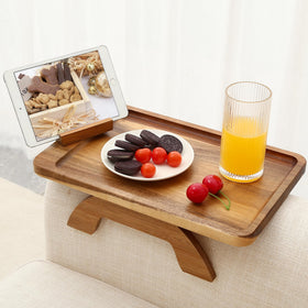 SINWANT Couch Arm Table in acacia wood adds a natural surface for drinks on the sofa.
