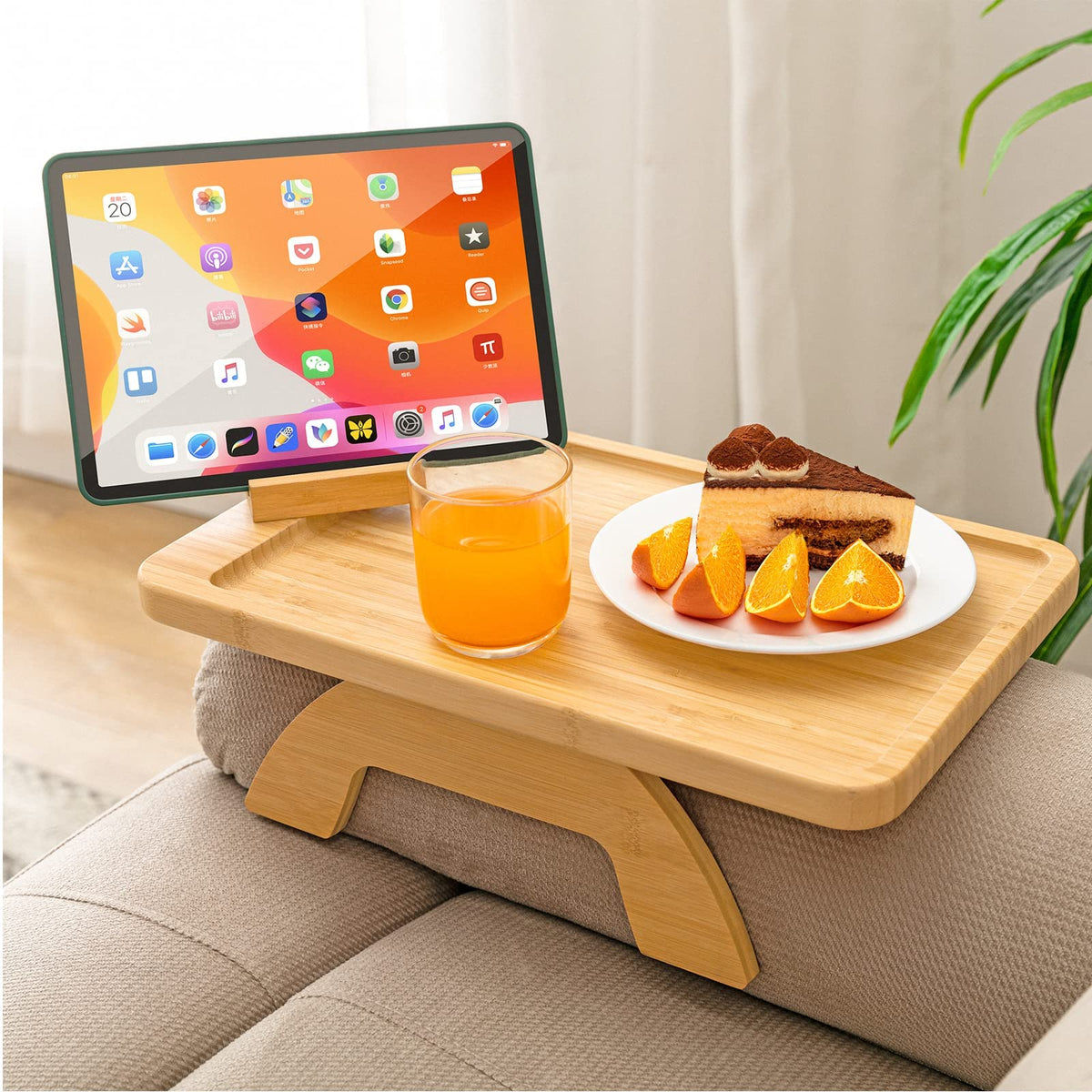 SINWANT couch arm tray clip-on on a sofa armrest for drinks and devices.