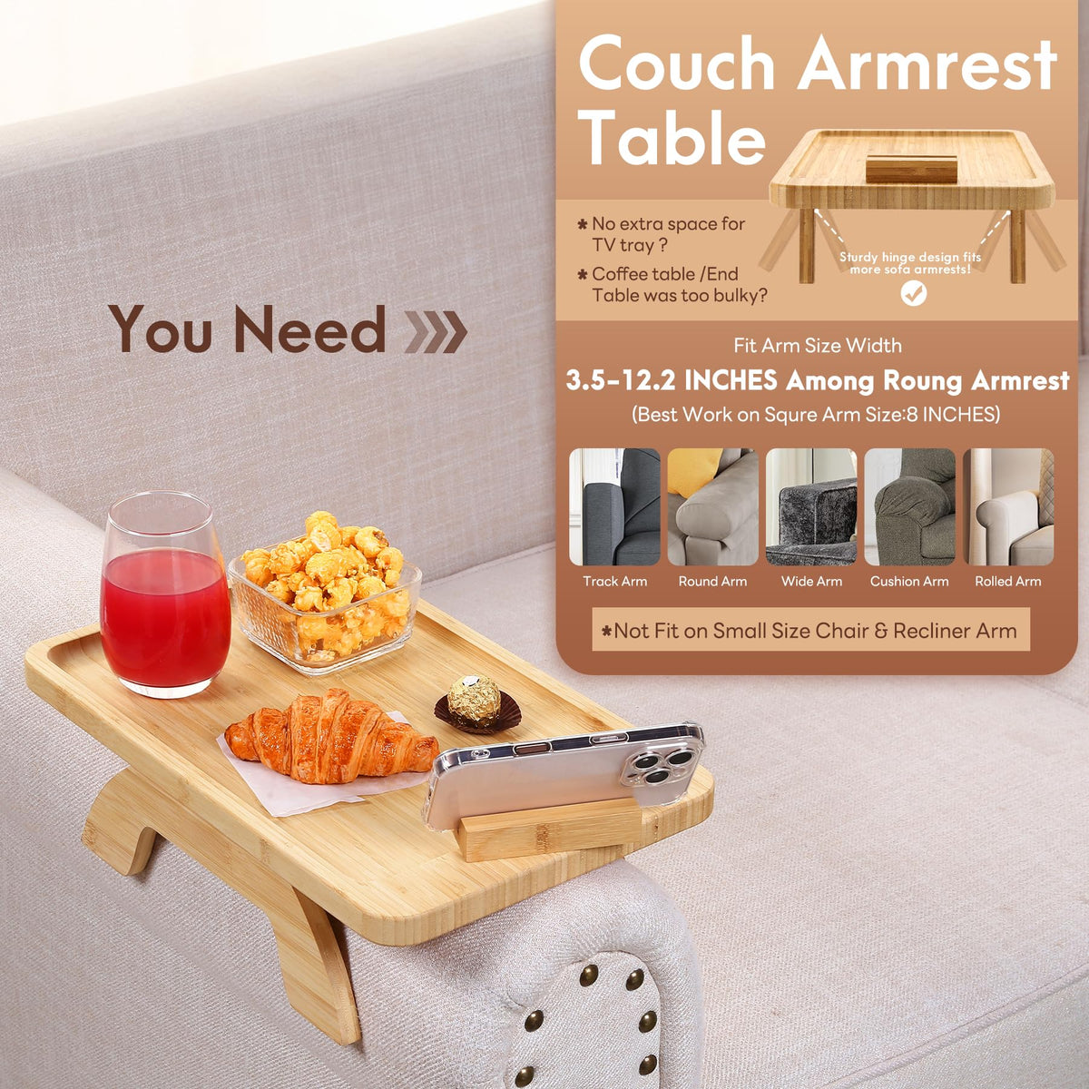 SINWANT foldable armrest table keeps essentials within arm reach.