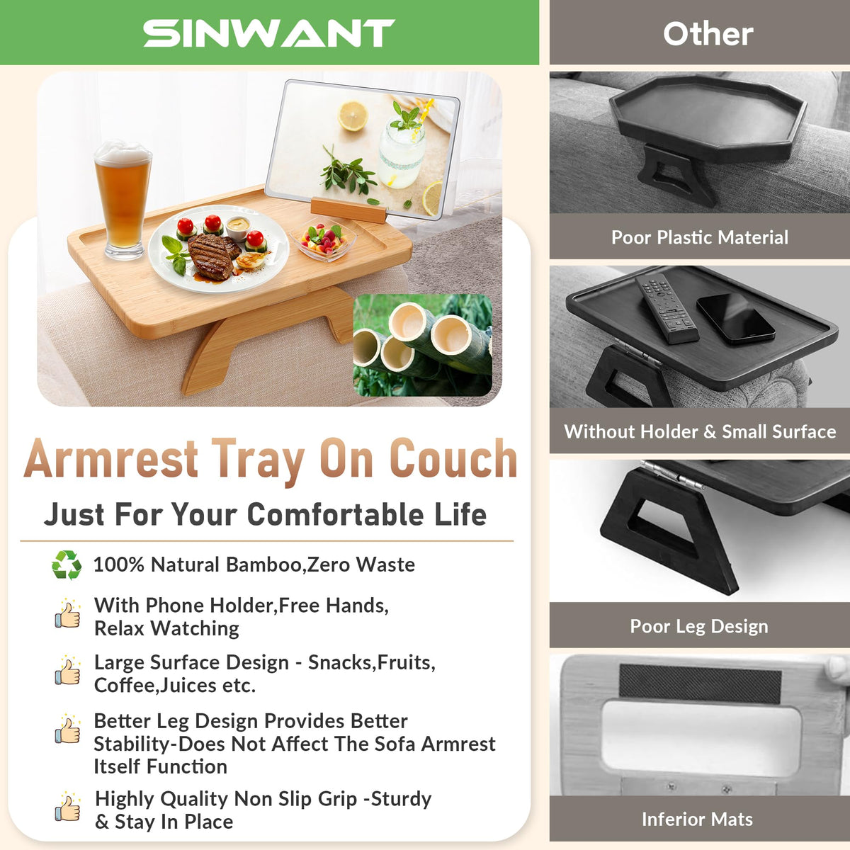 SINWANT bamboo tray is ideal for snacks and drinks on the couch.