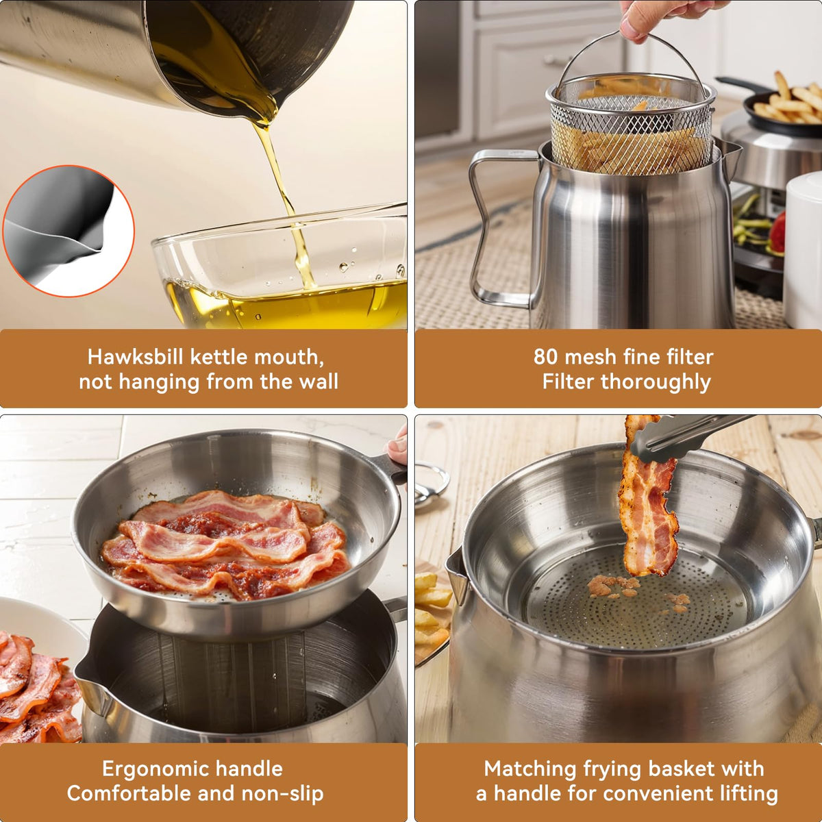 SINYWAY bacon grease saver with strainer and basket in use