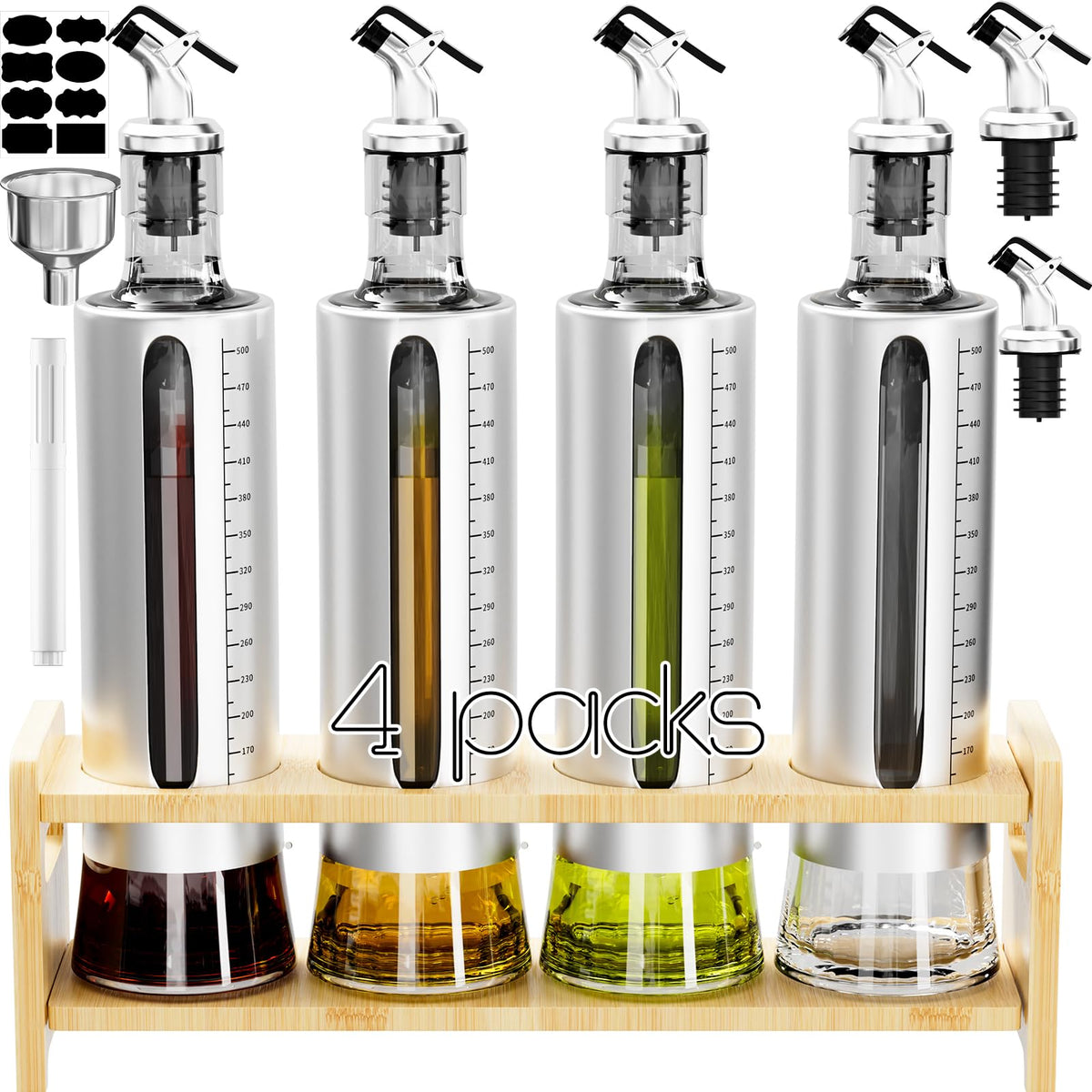 Sinyway oil dispenser bottles 4-pack for organized kitchen and precise pouring.