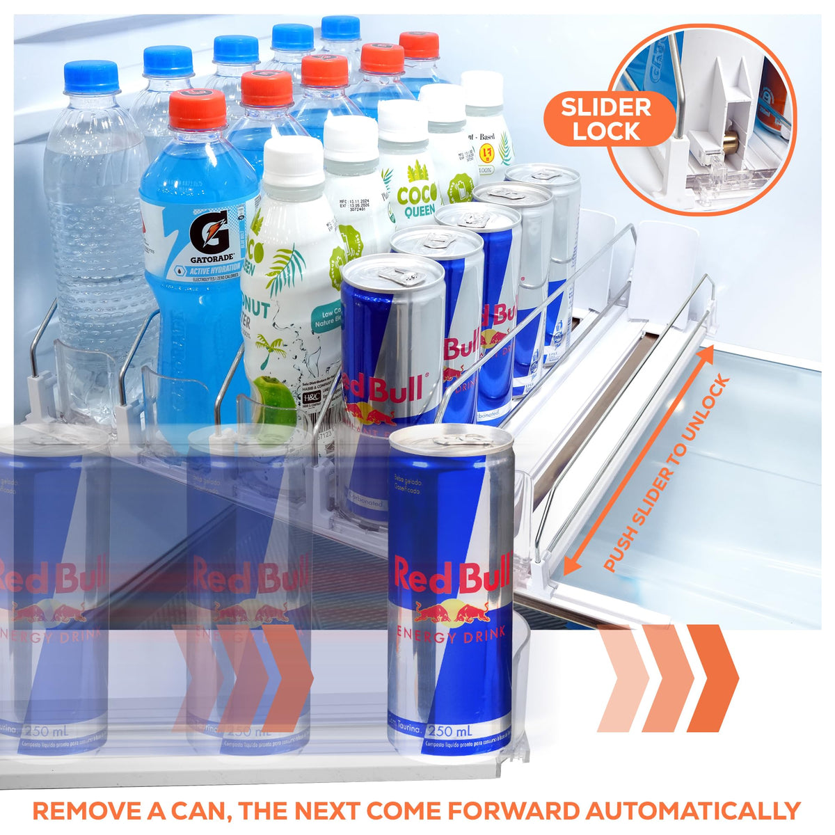 SipSort width-adjustable organizer inside fridge adapts to various beverage sizes.