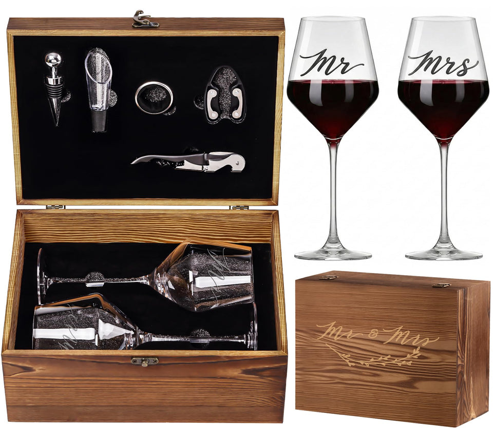 SIPBYSOP Mr and Mrs engraved wine glasses highlight timeless engraving for lasting keepsakes.