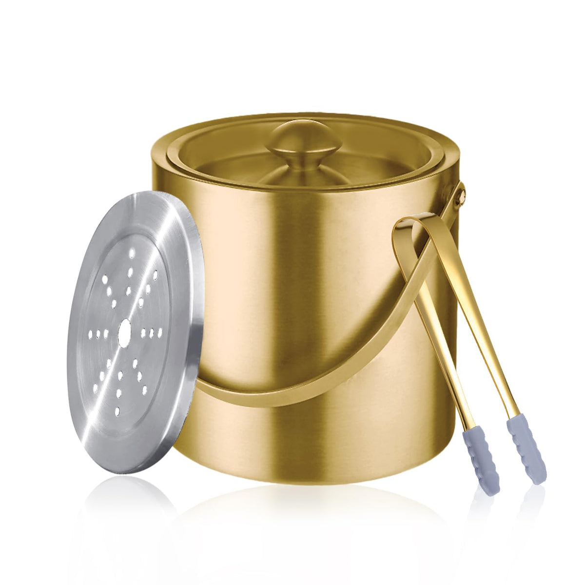 Sipoyen Gold Ice Bucket with Lid and Tong keeps beverages chilled at parties.
