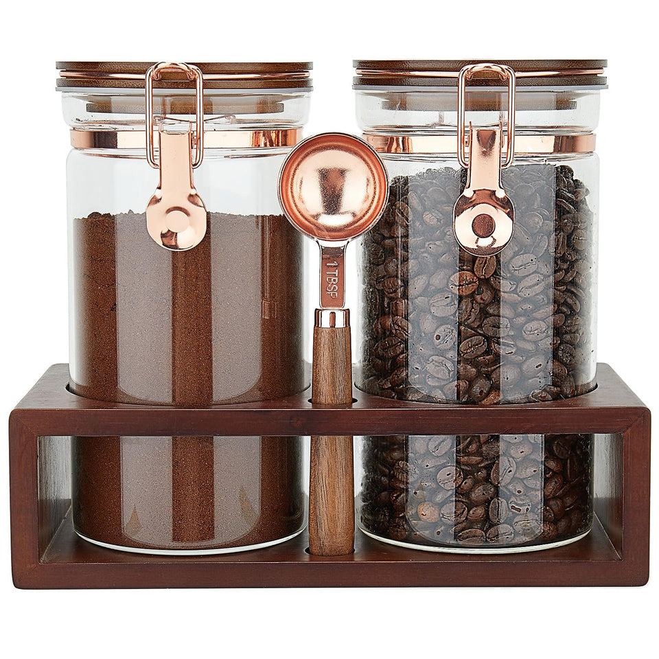 SIQOLNY coffee container with rose gold spoon keeps beans fresh and accessible.