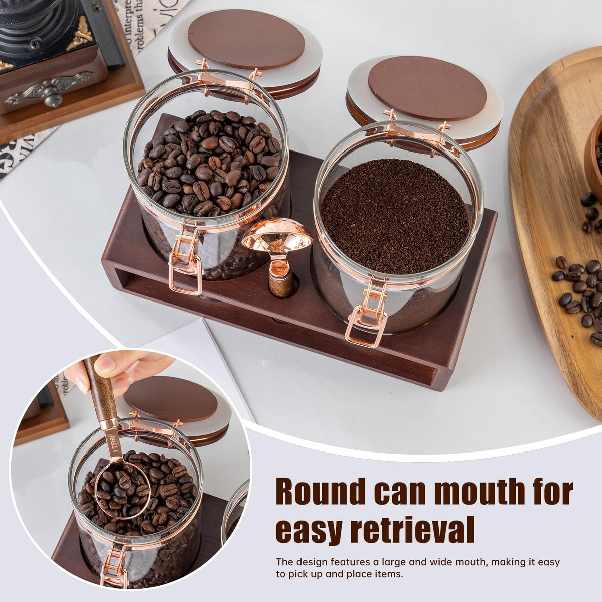 Wooden shelf with non-slip mat stabilizes the setup on your counter.