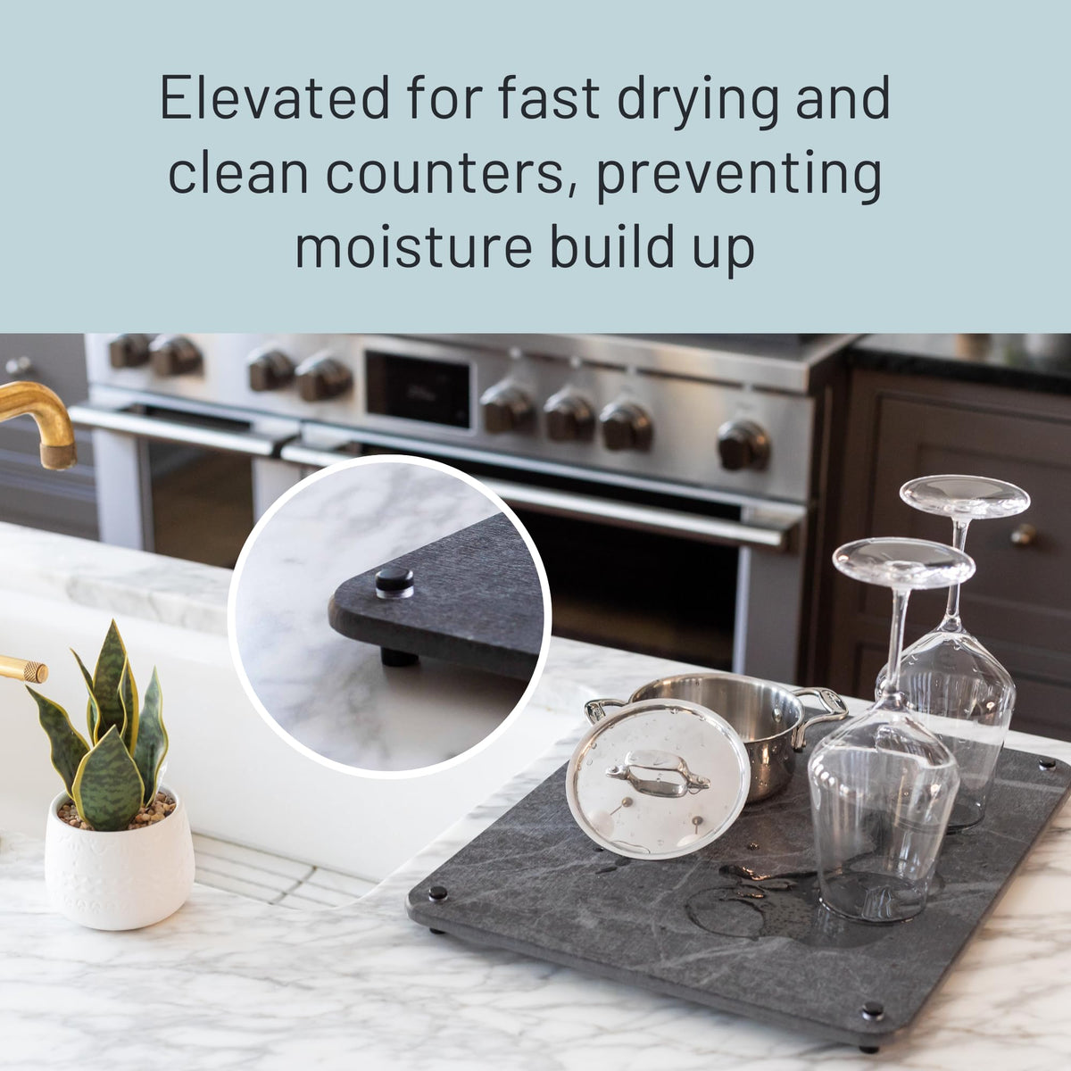 Siren Stone mat supports drying glassware and bottles without towels.