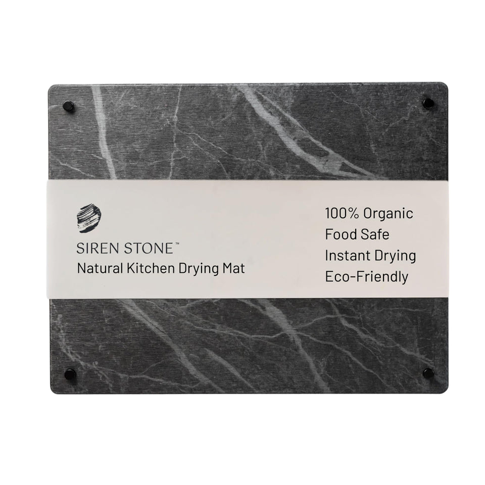 Siren Stone dish drying mat on counter offers organized space for air-drying dishes.