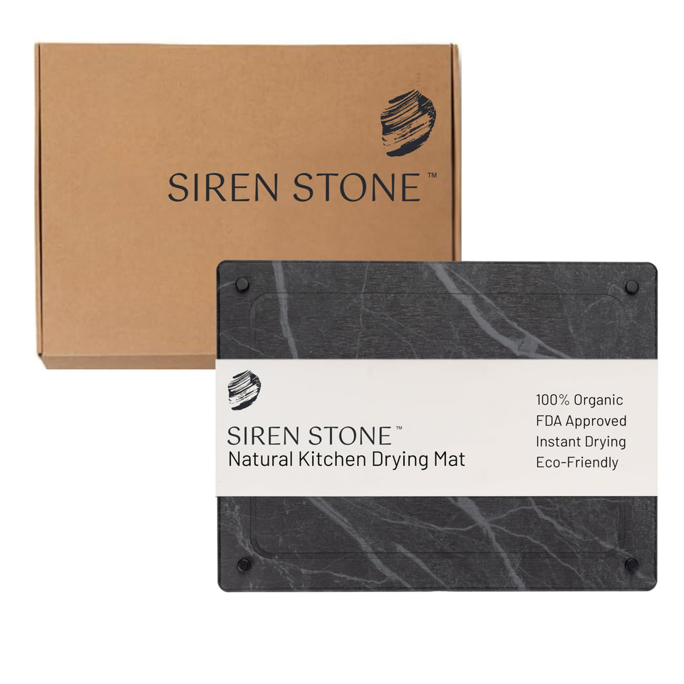 Siren Stone drying mat on counter demonstrates compact size for small kitchens.