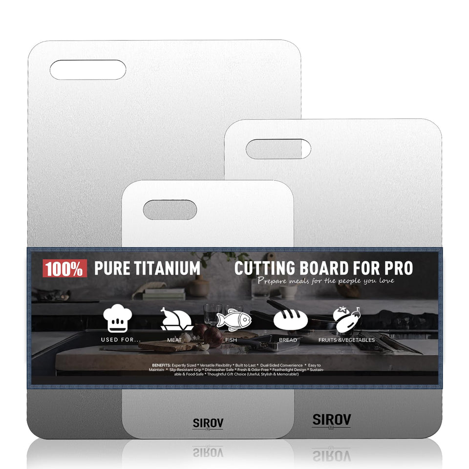 Sirov titanium cutting board set of three on counter, hygienic and versatile for meals