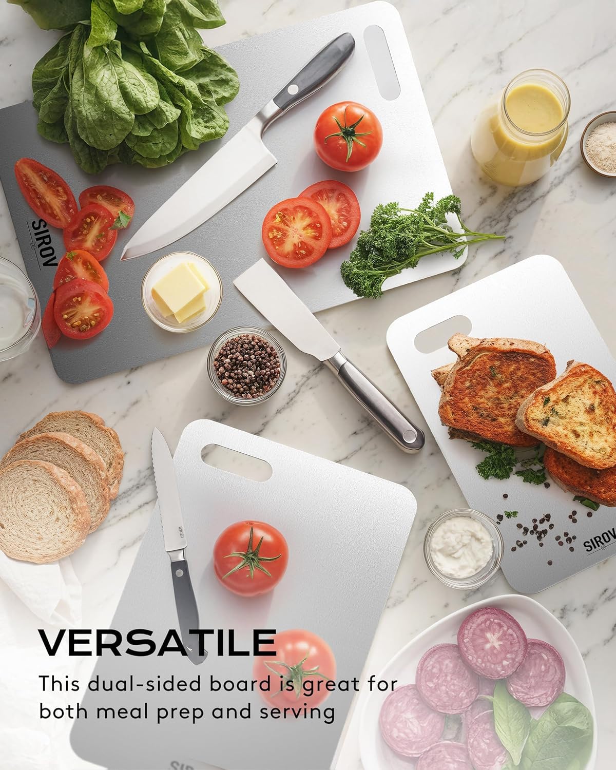 Sirov titanium cutting board shown in dishwasher-safe setup for quick cleanup