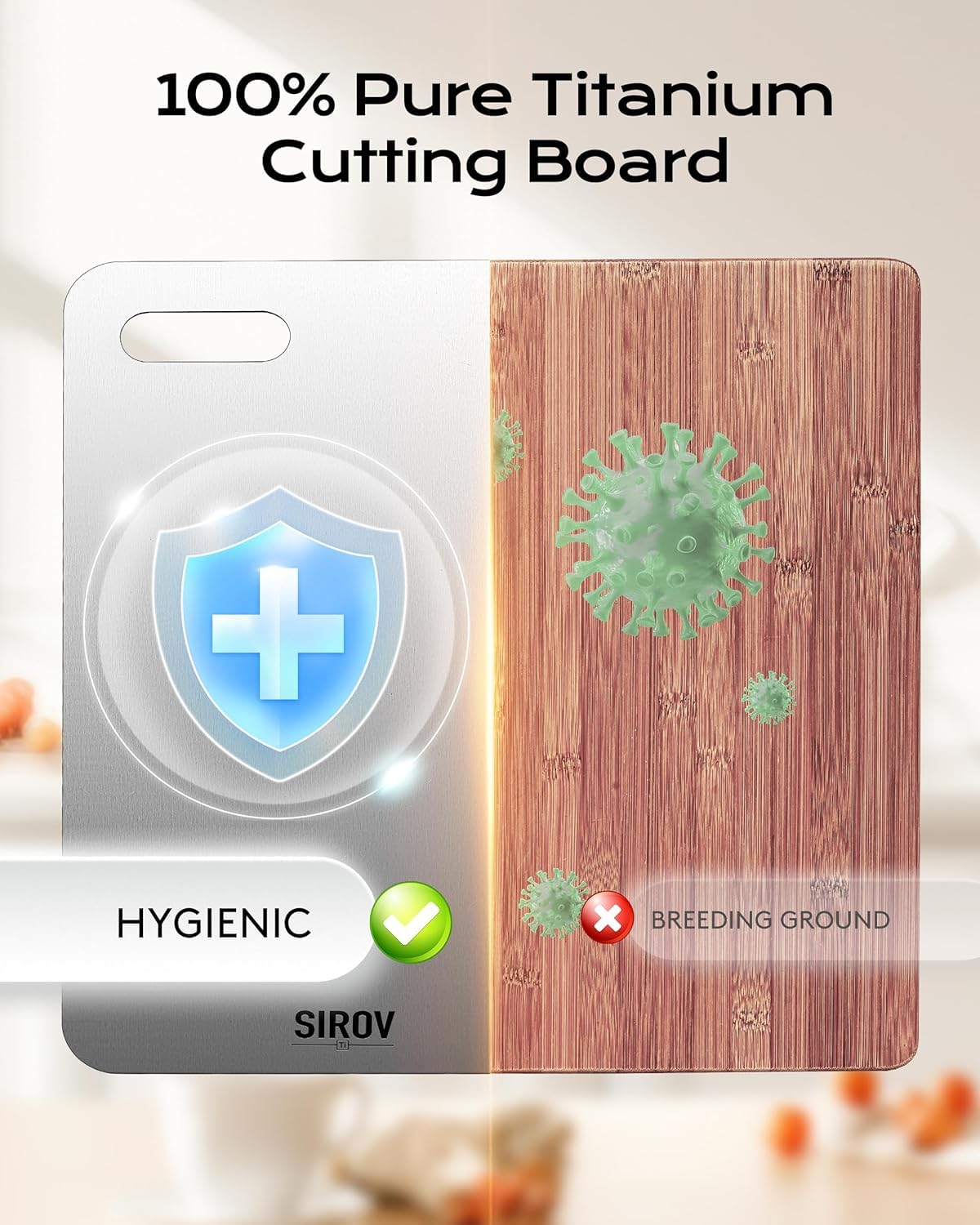 Sirov titanium cutting board close-up highlighting smooth non-porous surface