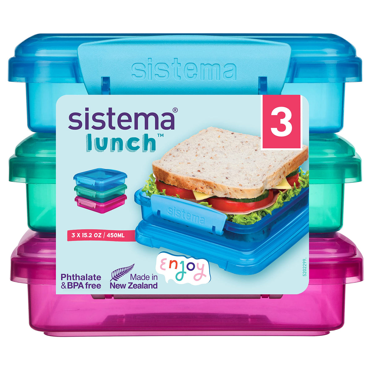 Sistema 3-piece sandwich containers in blue showing secure clips and seal