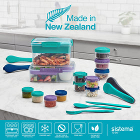 Sistema four containers arranged for portable lunch packing and dressing separation