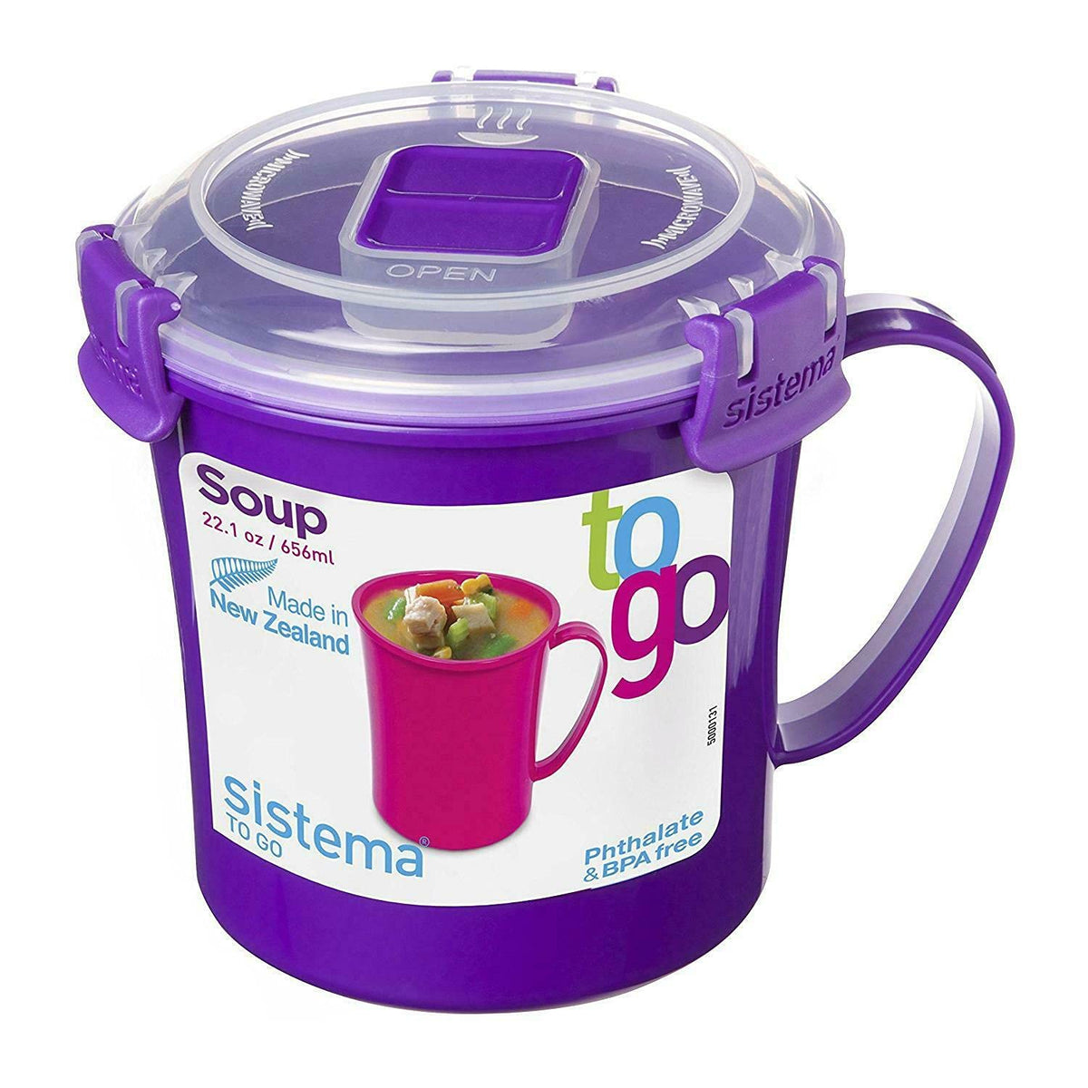 Sistema Microwave Medium Soup Mug showing vented lid and steam control.