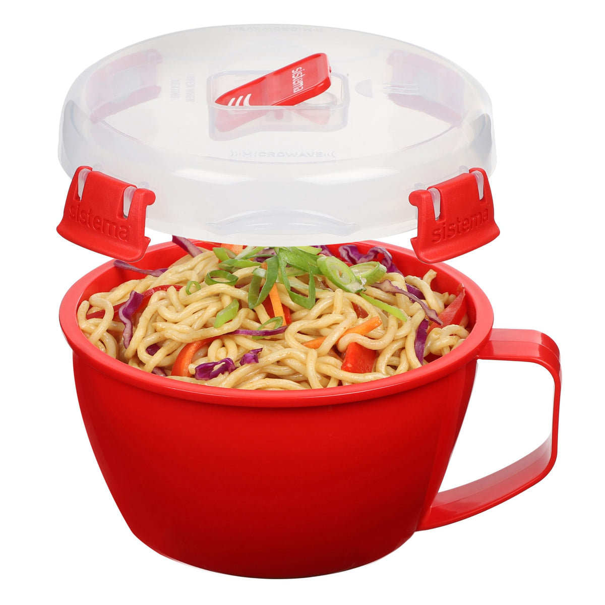 Sistema noodle bowl in use for quick pasta reheating in the microwave