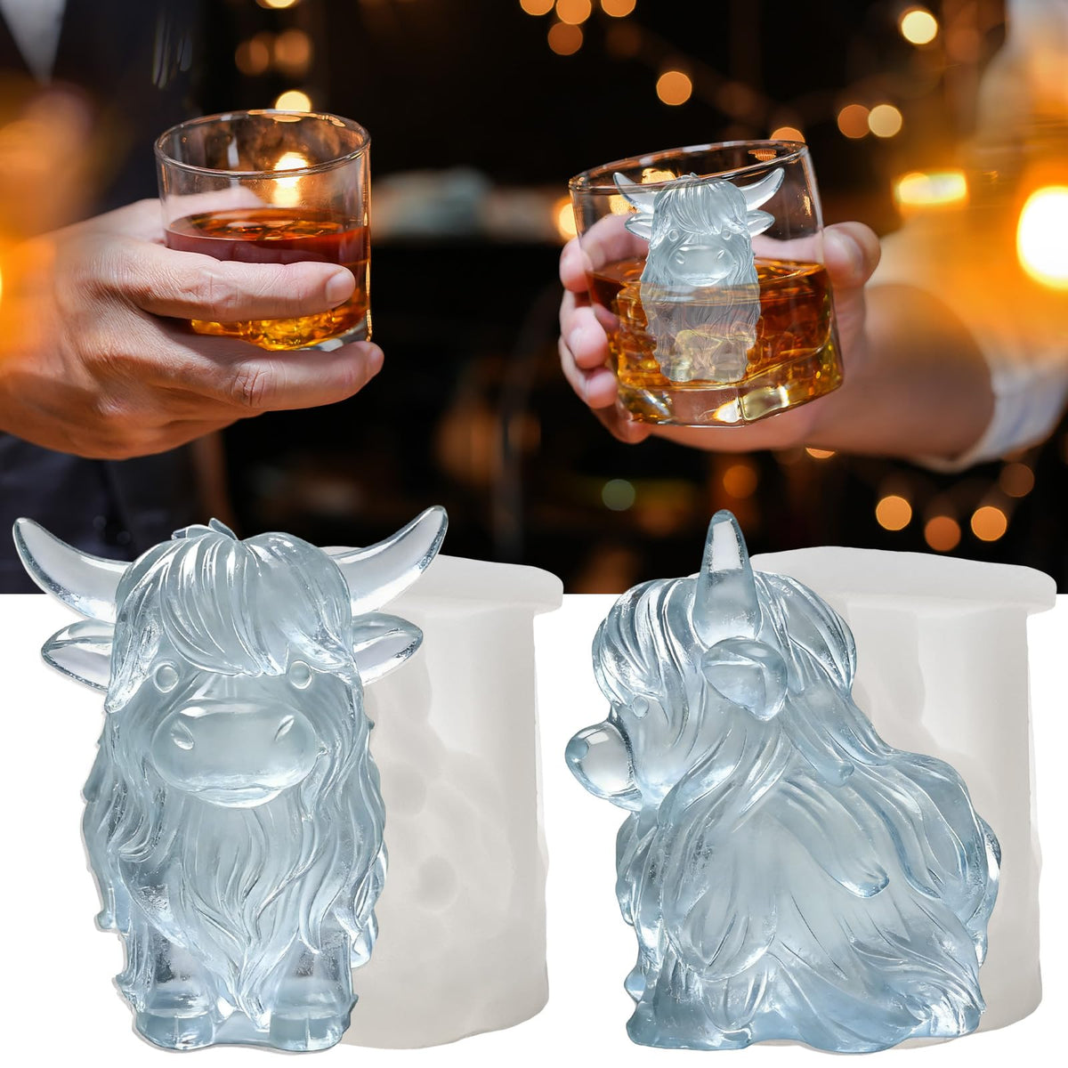 SIUPER Highland cow ice cube mold for whiskey with large, slow-melting cubes.