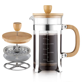 Sivaphe 34oz French press with bamboo lid pouring into a mug for coffee or tea