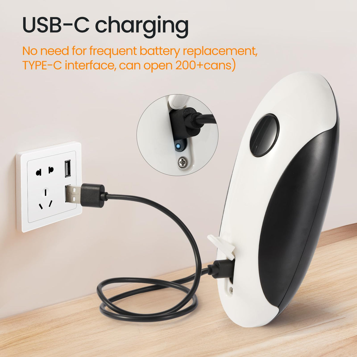 SKGNKLIG USB-C charging highlights cordless, eco-friendly power.