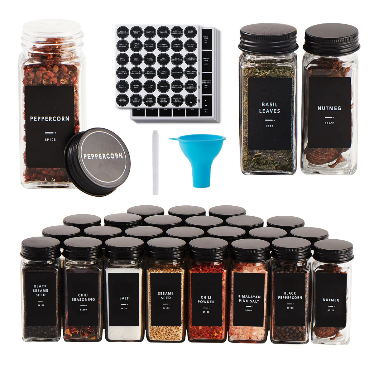 Skiileor 25-pcs glass spice jars clearly display contents for easy labeling
