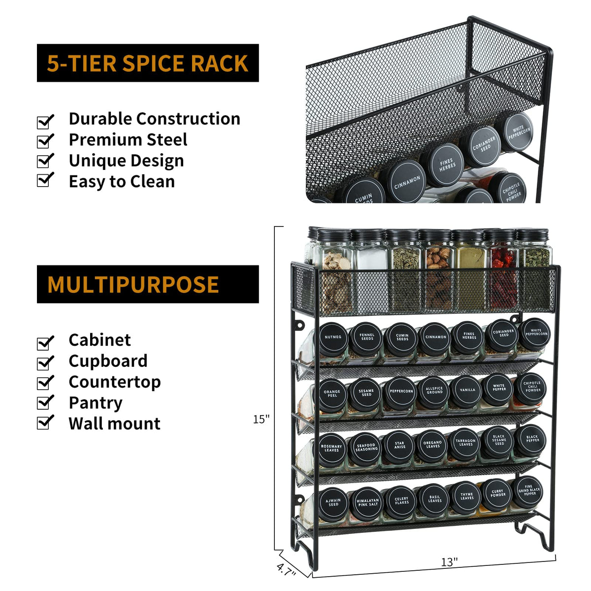 Skiileor 28 spice jars with glass bodies for easy visibility.