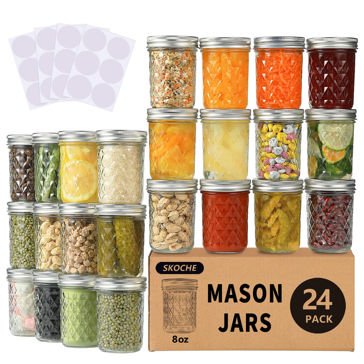 SKOCHE 8oz mason jars with 24-pack and labels for home canning and gifting.