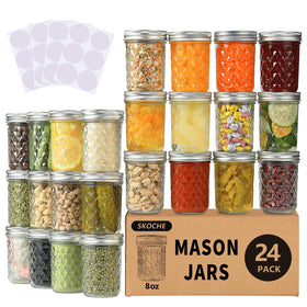 SKOCHE 8oz mason jars with 24-pack and labels for home canning and gifting.