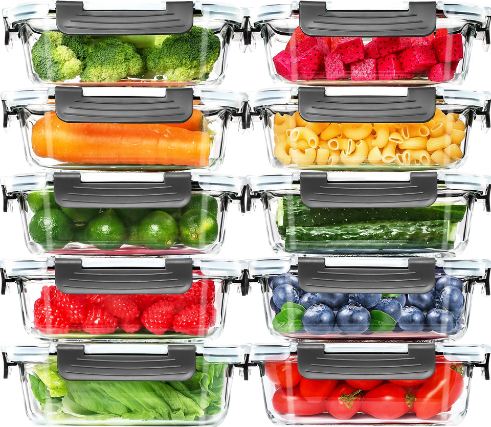 Skroam 10-pack 22oz glass meal prep containers for portioned meals.