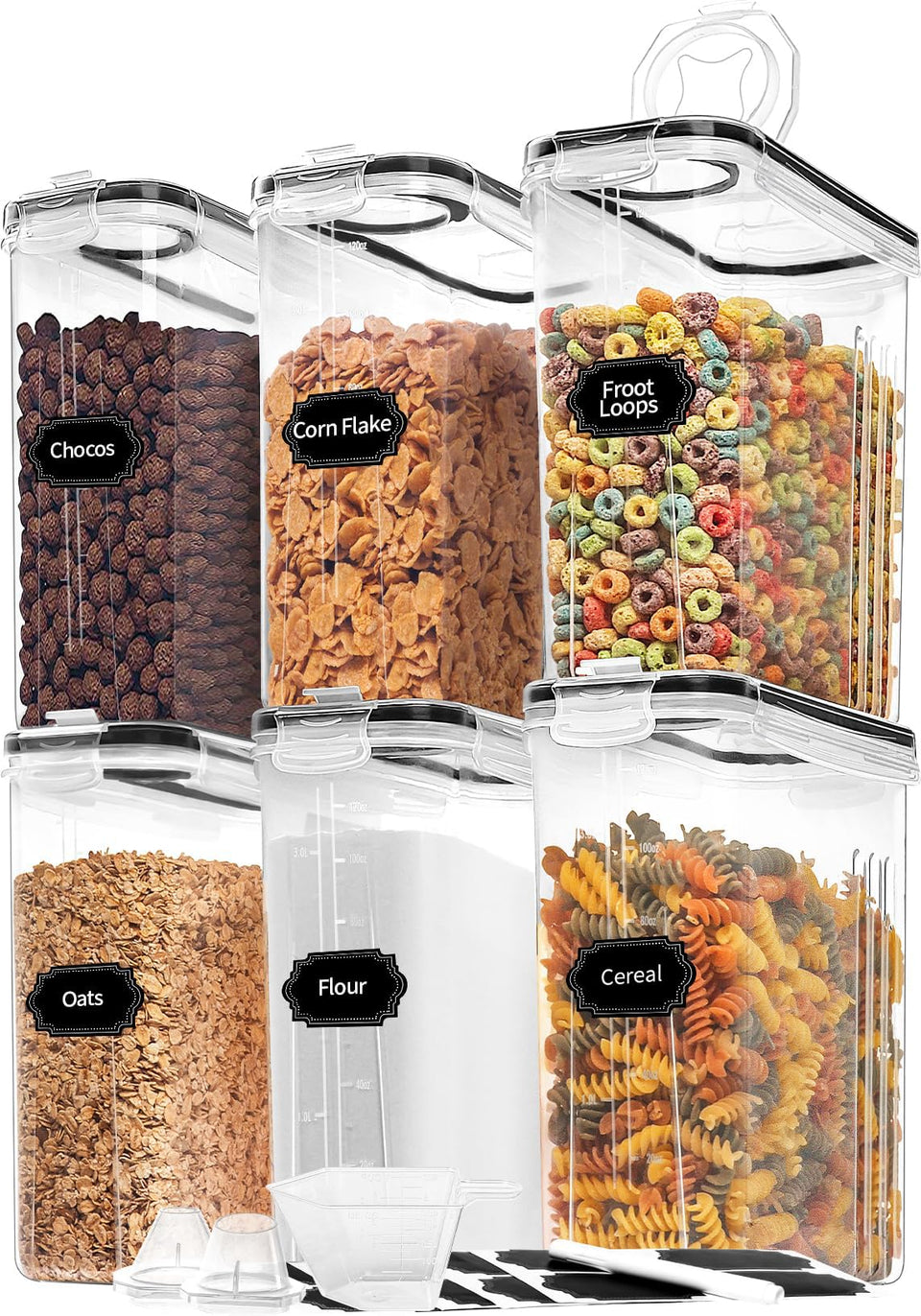 Skroam 6-pack cereal containers with 4L capacity, clear bodies for easy pantry viewing.