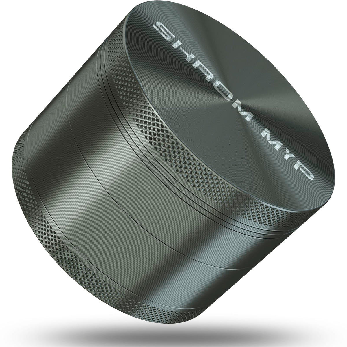 SKROM MYP grinder in metallic gray with a magnetic lid for secure sealing.