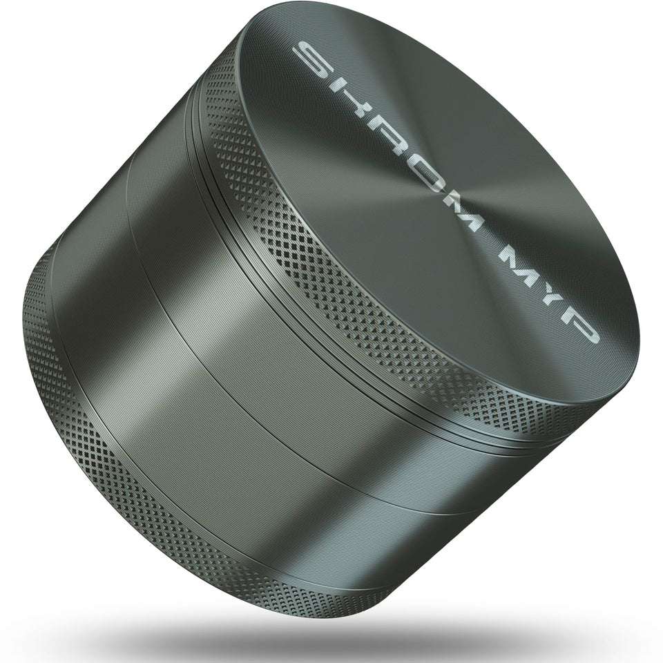 SKROM MYP grinder in metallic gray with a magnetic lid for secure sealing.