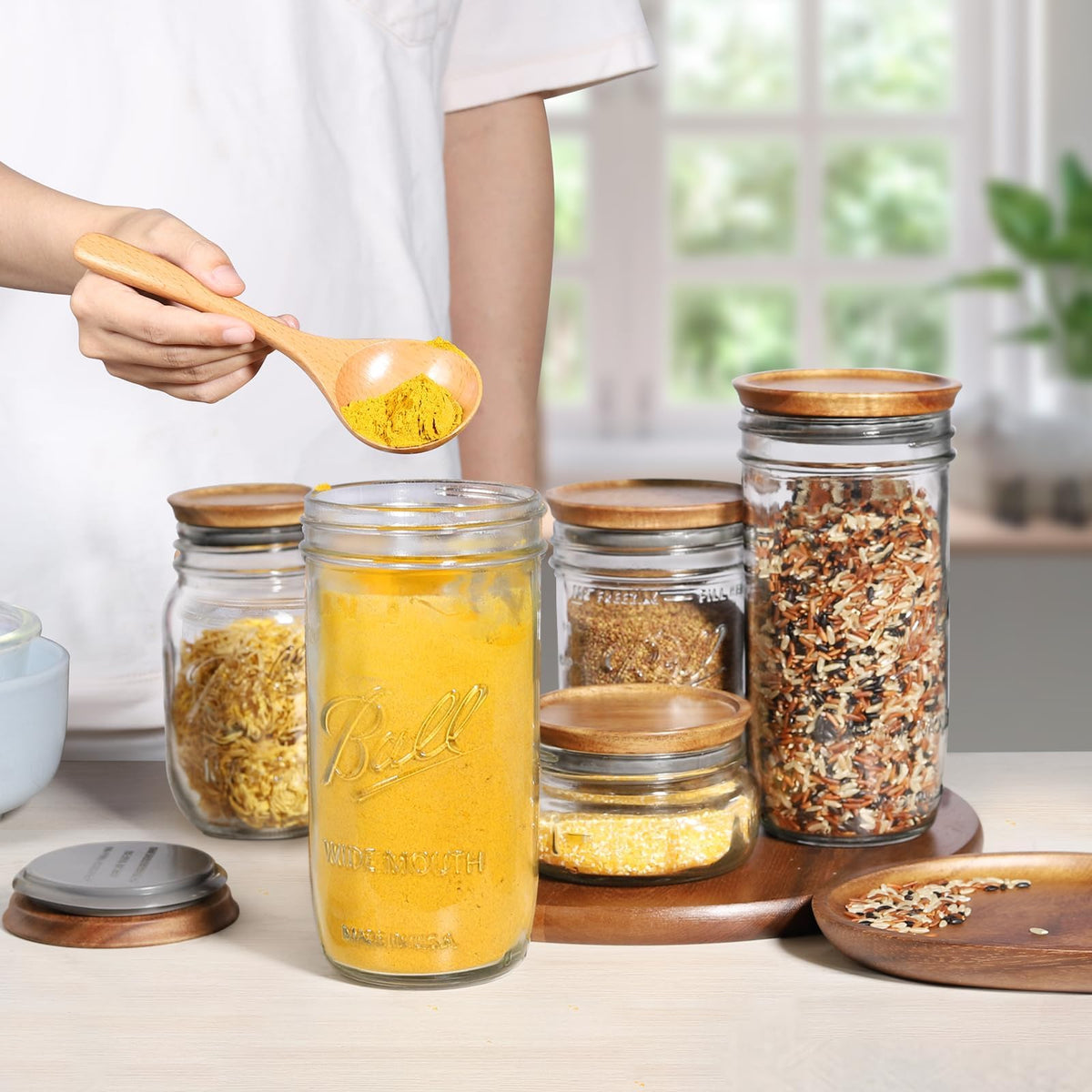 SKYBD lids on pantry shelf organize dry goods efficiently