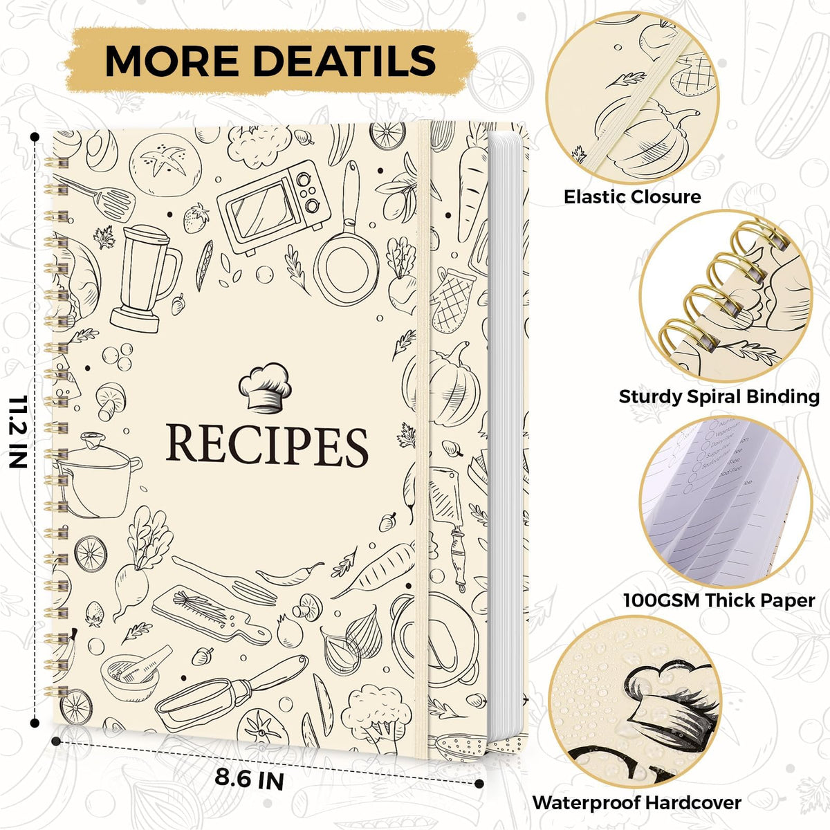 SKYDUE back pocket stores clipped recipes and notes for quick reference.