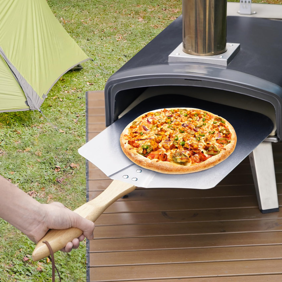 Skyflame pizza peel compatible with Uuni 3 and commercial ovens.