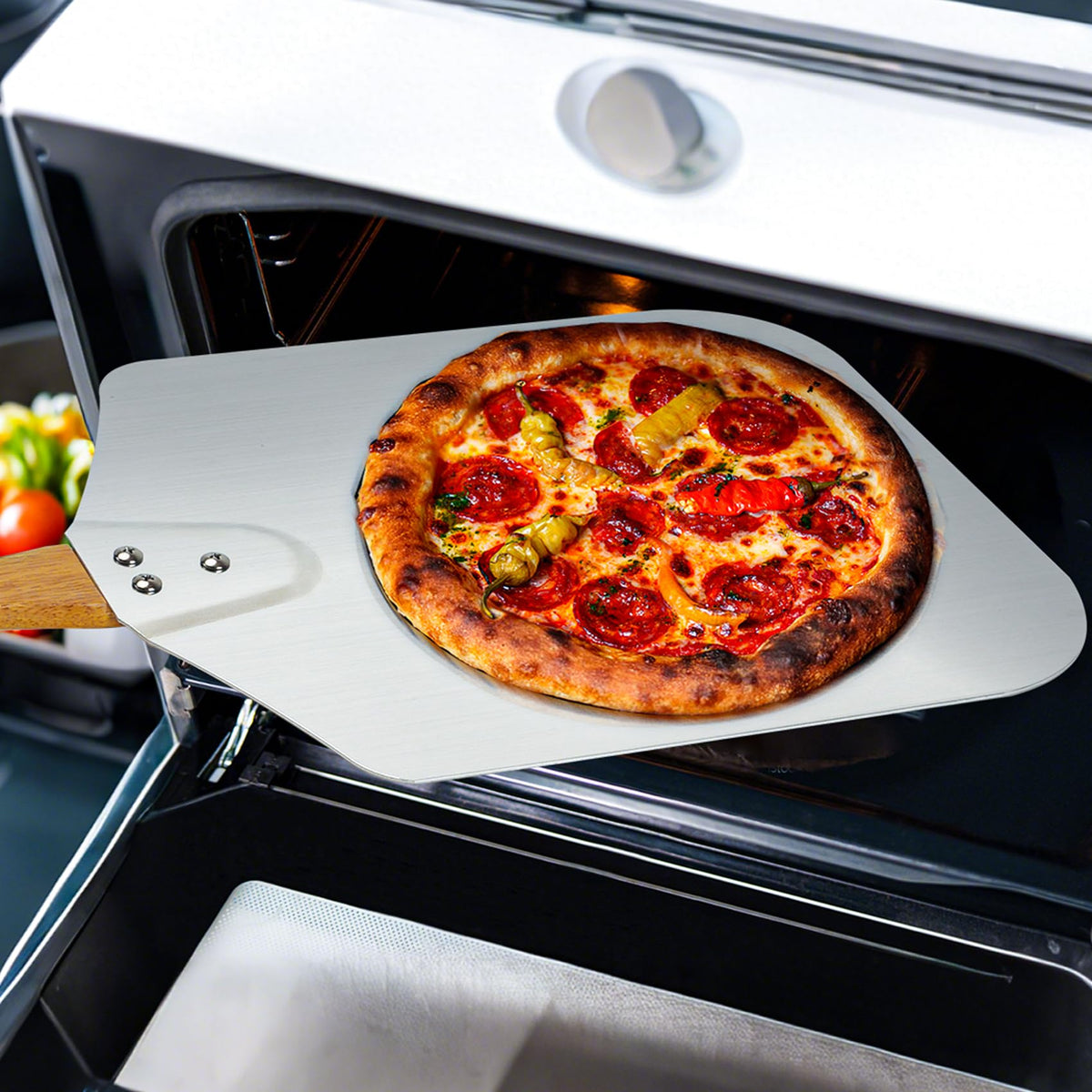 Skyflame aluminum pizza peel ideal for pizzas, bread, and pastries.