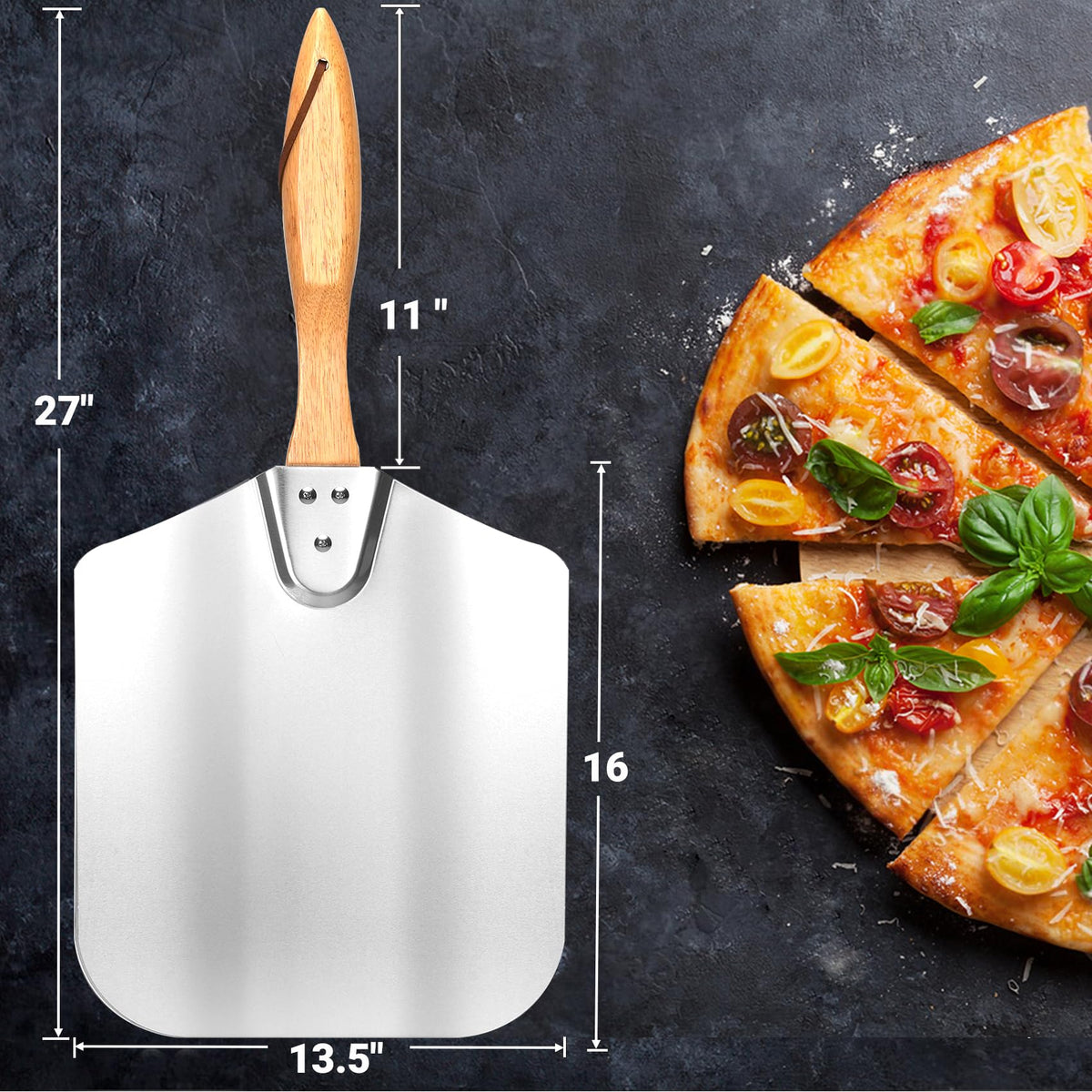 Skyflame pizza peel with wooden handle for safe, steady moves.