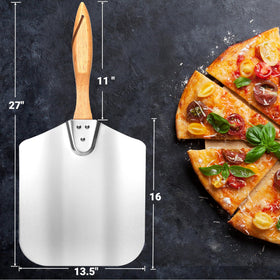 Skyflame pizza peel with wooden handle for safe, steady moves.