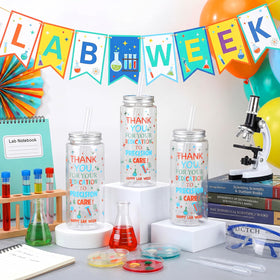 Skylety microscope and pharmacy bottles motif cups, spark conversations during shift breaks