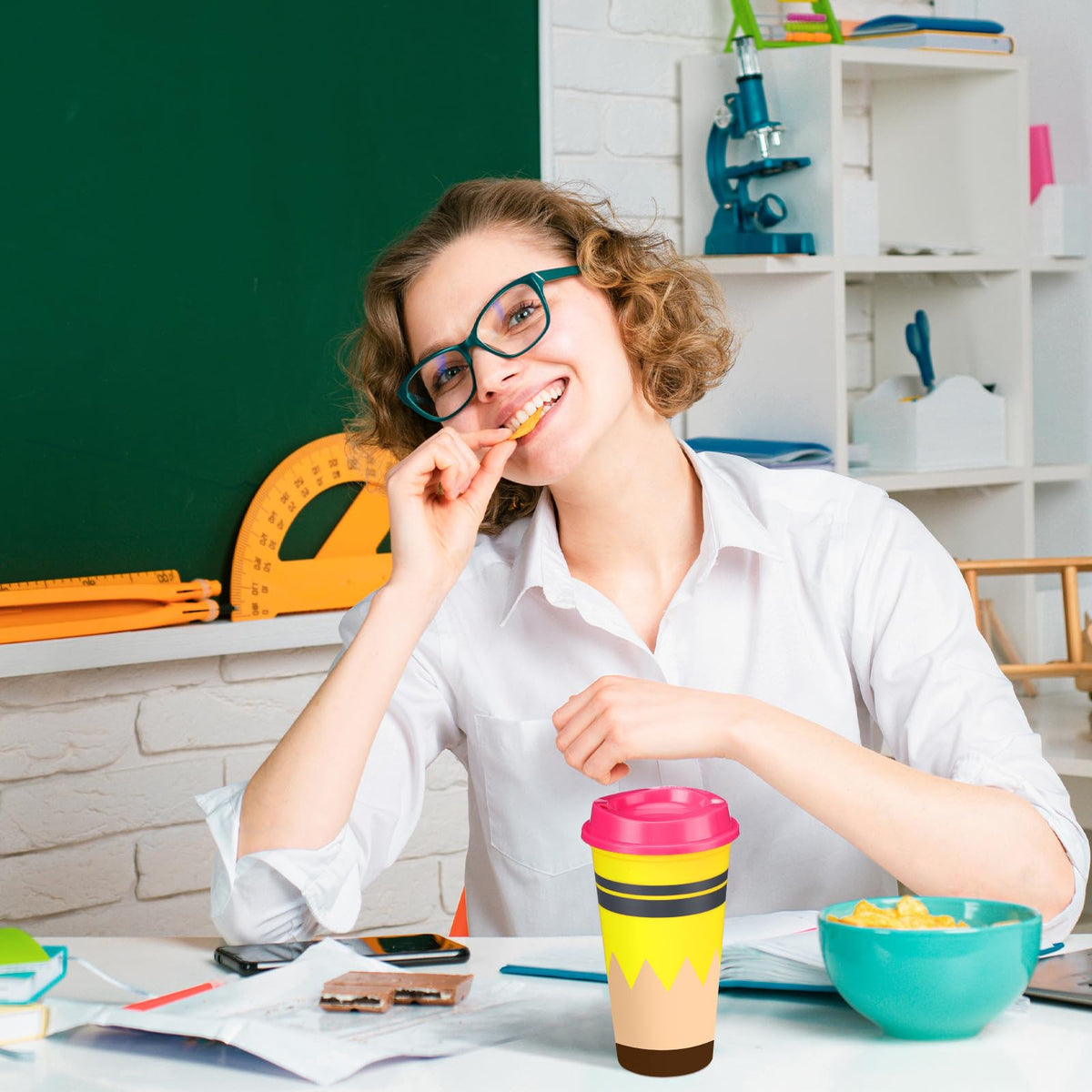 Skylety patterned cup featuring pencil designs for teachers