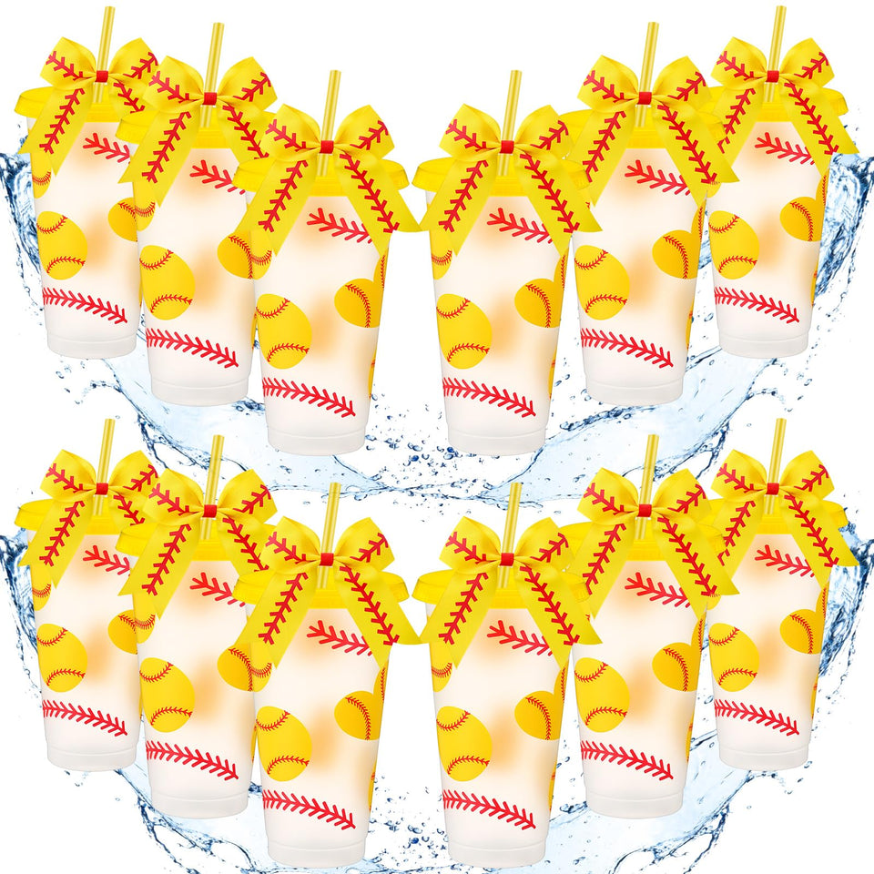 Skylety softball tumbler 24oz with lid and straw, bow decor, ideal for sports events