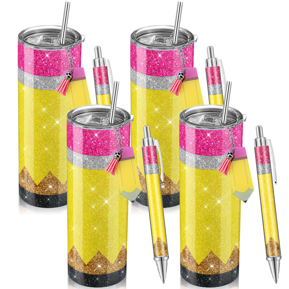 Skylety 20 oz tumbler with glitter-pencil design, ideal for teachers.